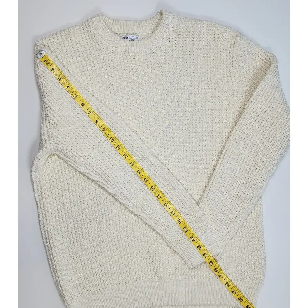 Zara Men's Cream Chunky‎ Knit Sweater Size L Cotton Crewneck Pullover